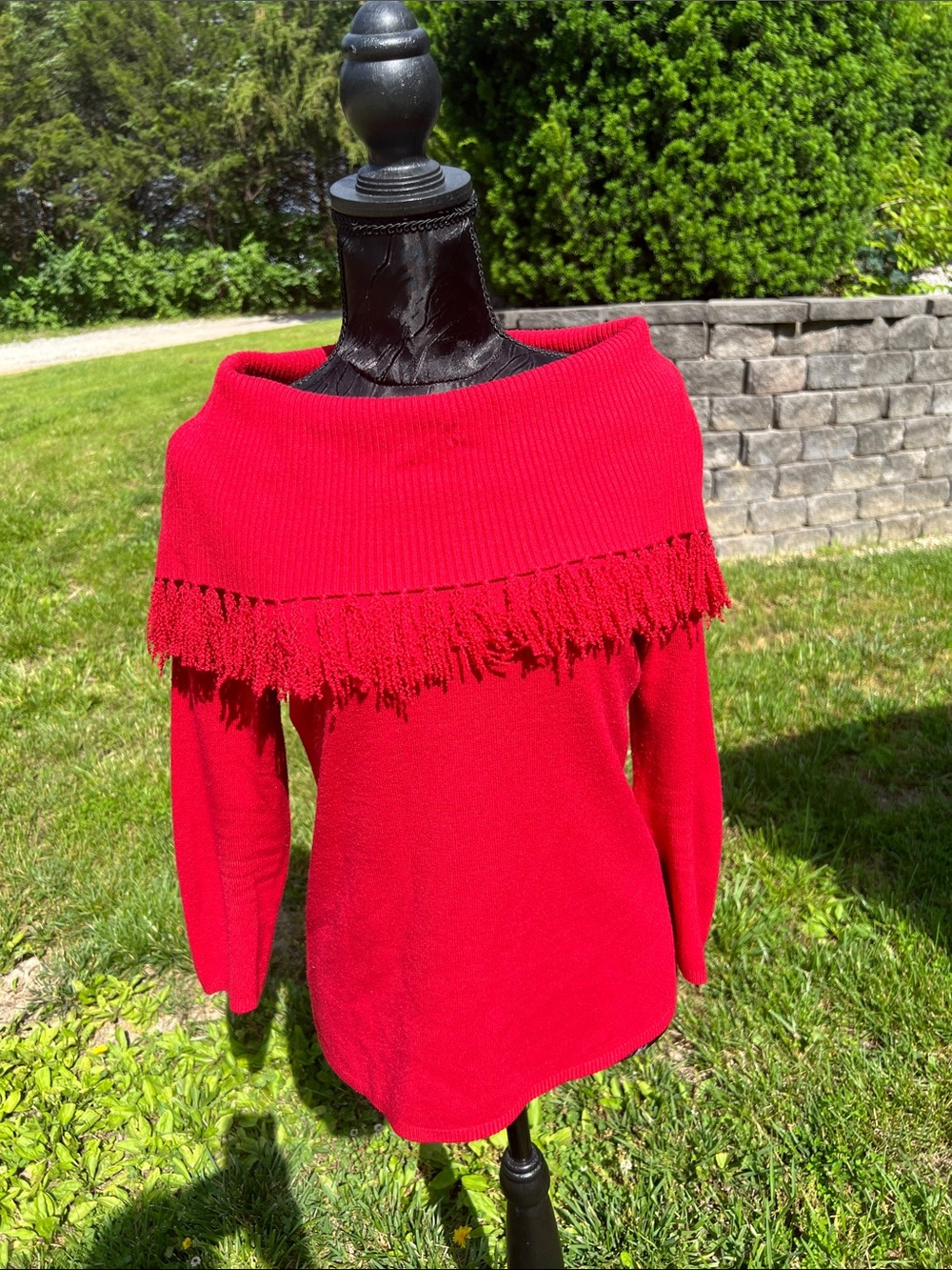 Cato Red Off-Shoulder Fringe Sweater
